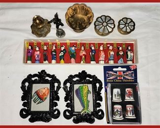 Smalls including a Set of Tiny Japanese Dolls and a Set of Bone China Thimbles from London 