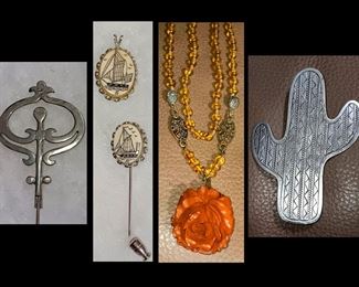 Hat Pin Mexico, Scrimshaw Pendant and Stick Pin,  Butterscotch Bakelite Flower Pendant and JJ Suagaro Cactus Pin 