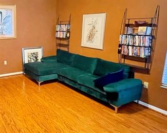 Green Velvet sofa with chrome legs 