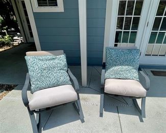 Dark Charcoal Aluminum Rocking patio chairs. 
+2 Ecru outdoor cushions., Zippered and washable. 
2/18" Decorative pulled sold separately 