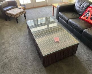 Restoration Hardware (New with Box)
Del Mar Coffee table with glass top 
all weather wicker stand on solid teak feet with a variegated finish with a weathered patina
53"W × 30"D × 16½"H