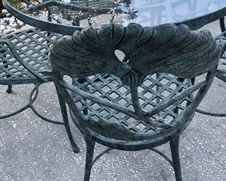 SOLD Detail pic, back of Ginko leaf armed patios chair 