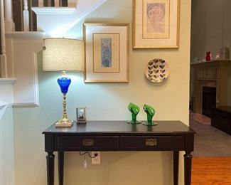 Bombay Company entry sofa table with 2 drawers. 
Finish: Aged Mahogany 
Lamp: Cobalt Bohemian Glass 