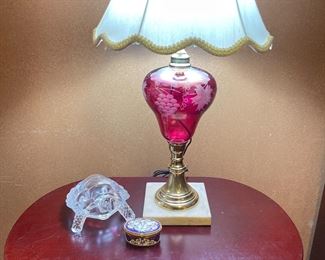 Cranberry Bohemian Glass lamp, marble base 
Crystal Turtle and Queen Victoria porcelain trinket box 