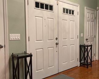 Arhaus Tall outdoor tables, beveled glass shelves 