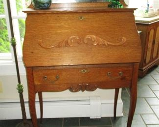 Sweet oak, drop front desk with beveled mirror top