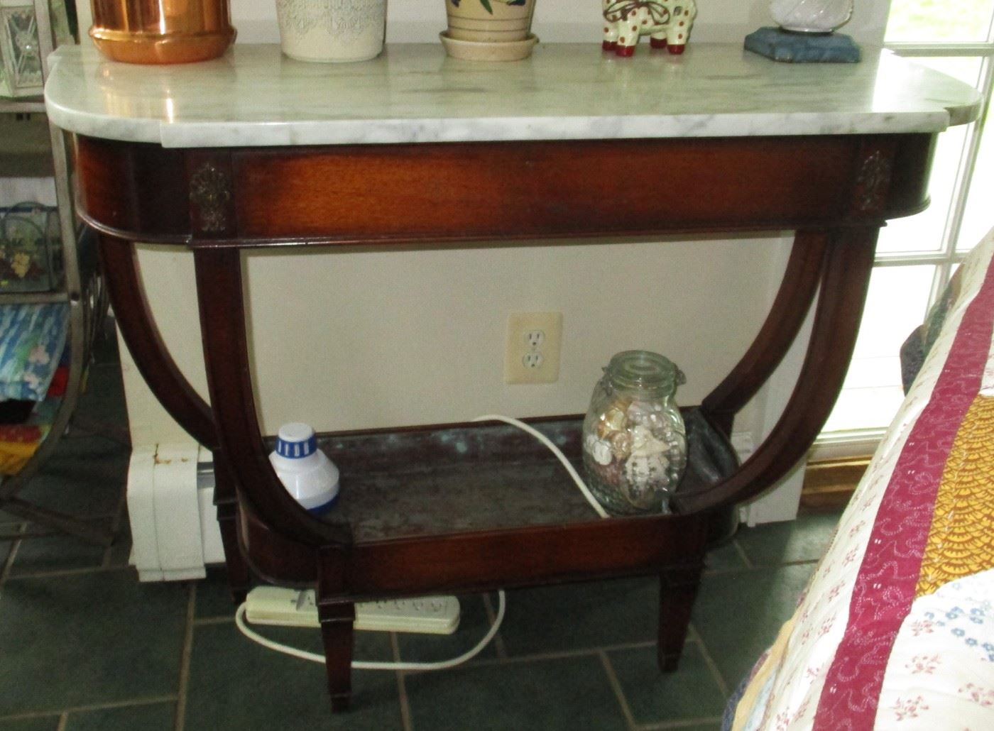 Wonderful hall table - sofa table, Marble top and in insert on base for plants.  Beautiful and versatile piece