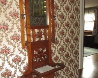 Victorian Oak hall stand with mirror, hooks for coats and inserts for umbrellas