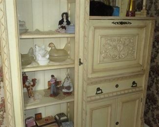 Interesting painted piece with drop front desk, drawer, storage area and side display .....or take glass out and use as shelving for storage.