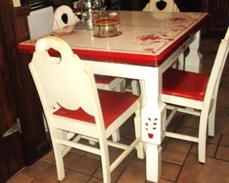 Wonderful kitchen set from the mid century - beautifully painted red to match enamel top.  Great condition!