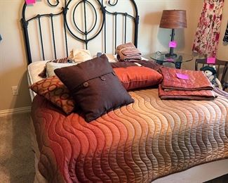 Iron bed and frame. Queen mattress and boxspring, linens, blankets 