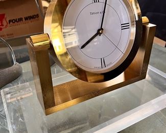 TIFFANY AND CO. CLOCK IN BRASS ON LUCITE STAND