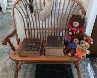 Oak Bench, 2 Antique Bibles and Vintage Set of 3 Bears