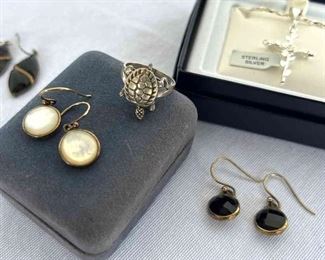 All 925 Necklace, Turtle Ring,  3 Pairs Earrings