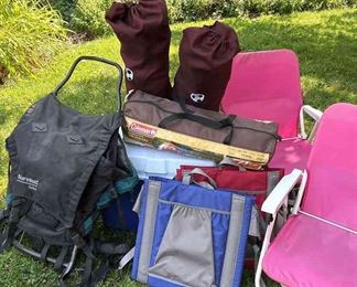 Eureka Talon Hiking Backpack, Coleman Rosewood 4 Person Tent, 4 Folding Chairs, 2 LL Bean Chairs