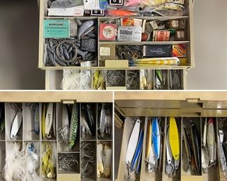 Large tackle box and tons of heavy duty lures, weights and such