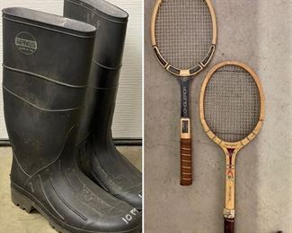 Servus irrigation boots and vintage tennis rackets