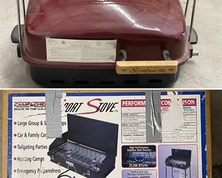 Table top bbq and Camp Chef gas stove w/legs