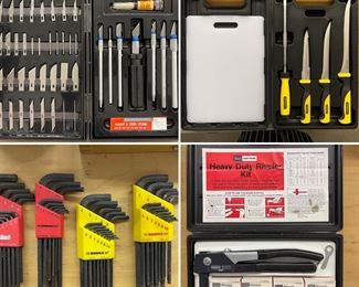 Exacto knife set, Stanley camp knife set, allen wrenches and riveter kit