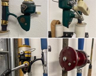 Vintage Penn Spinfisher, Penn 750SS and Penn Jigmaster 500S reels on poles