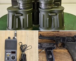 Sears binoculars, GE handheld radio & vintage toy guns