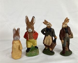 JOPI501 Antique Rabbit Paper Mache Candy Containers And Folk Art Chalk Ware Rabbits