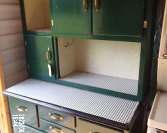 green Hoosier style hutch  enamel top under contact paper