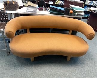Peter Marino Brand  Royere style round back settee caramel woven fabric  6 feet x 31 d x 32 h oak legs 1,000.00