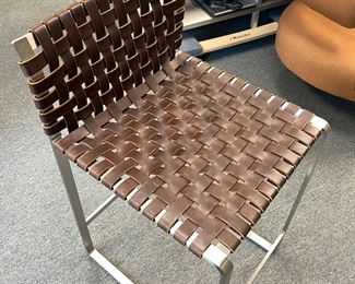 three counter stools, brown woven leather seat and low back, peter marino brand 400.00/each