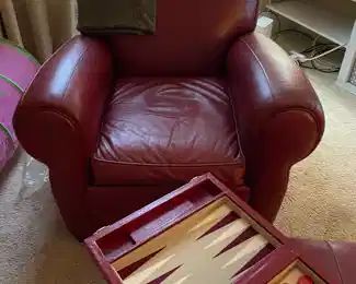 Red Leather Chair w/ Ottoman Backgammon 