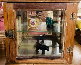 Vintage Barber's Wooden Display Case with Glass Shelves & Mirror Backing
