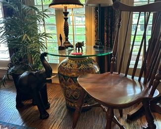 Amazing table stand with beautiful wooden chair and elephant 