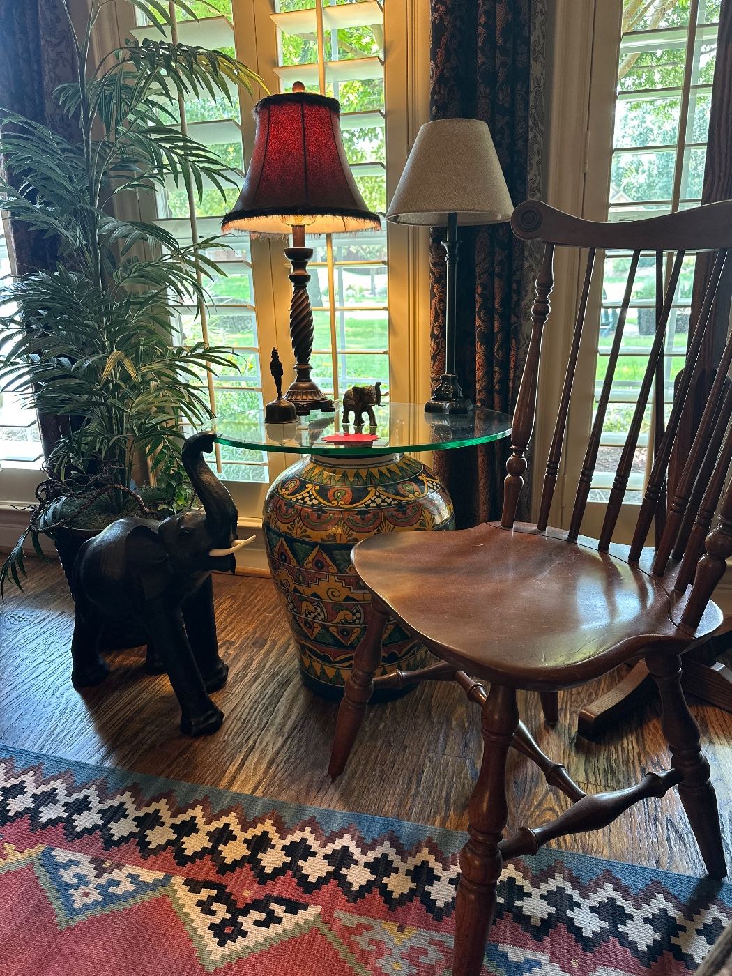 Amazing table stand with beautiful wooden chair and elephant 
