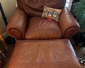 Studded cibola leather arm chair with ottoman