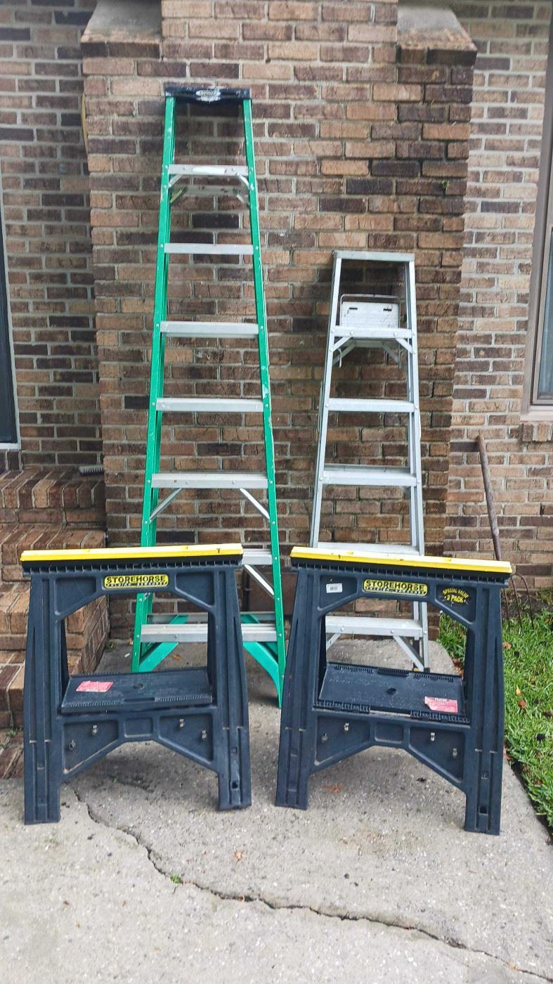 8 ft Werner Fiberglass Ladder, 6 ft Aluminumm Ladder, Folding Sawhorses