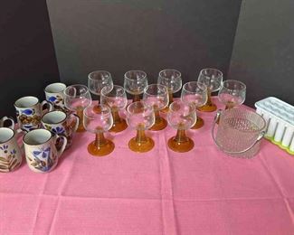 Brown Stemmed Glasses, Stoneware Mugs, Ice Bucket and Tray