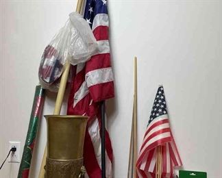 Flags, flagpoles and Brass Umbrella Stand
