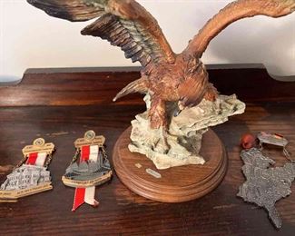 Giuseppe Armani Vintage 12 inch Figurine, Eagle on Rocks and 3 Medallions