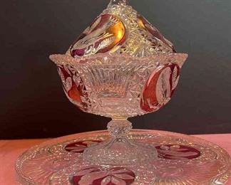 HOFBAUER German Ruby Red Crystal Birds Compote and Tray