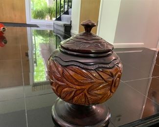wood carved bowl with lid
