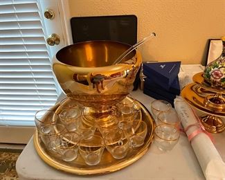 Gold tone punch bowl and large platter 