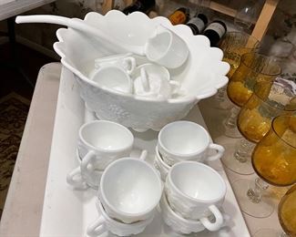 Milk glass punch bowl set