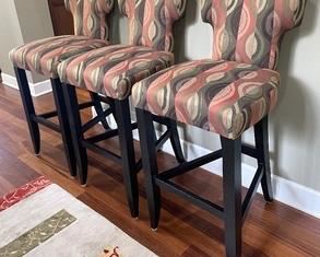 Trio of Contemporary Style Rich Rosenberg Bar Height Stools measuring 45 inches tall and 30 inches to the seats. Fun pattern! 