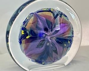 Substantial Gorgeous Artisan Glass Piece by Rollin Karg. Truly a stunning piece, it is beautiful at any angle. 

Measures 12” wide x 11” h 