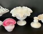 Variety of Vintage Milk Glass Items & Vintage Fenton White Case Pink Silver Crest Crimped Edge Bowl