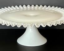 Vintage Milk Glass Silver Crest Pedestal Cake Plate, measuring 13" x 5" 