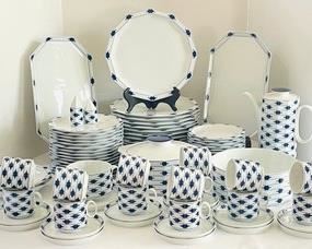 Rosenthal  Corinth Dishware Grouping. Crafted in a lovely blue and white pattern, made in Germany.  Includes 14 dinner plates, 16 salad plates, 14 dessert plates, 14 cups, 14 saucers and many serving pieces. Gorgeous pattern!  This is a discontinued pattern. 