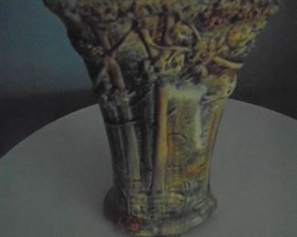 Woodcraft vase , forest relief 8 inches tall marked Weller on the base