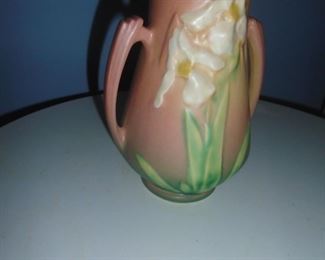 Pink Iris pattern double handled vase marked 916