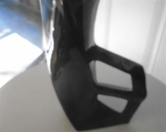 Anna Van Briggle Geometroc vase with handle, glossy blue.black with drip glaze 